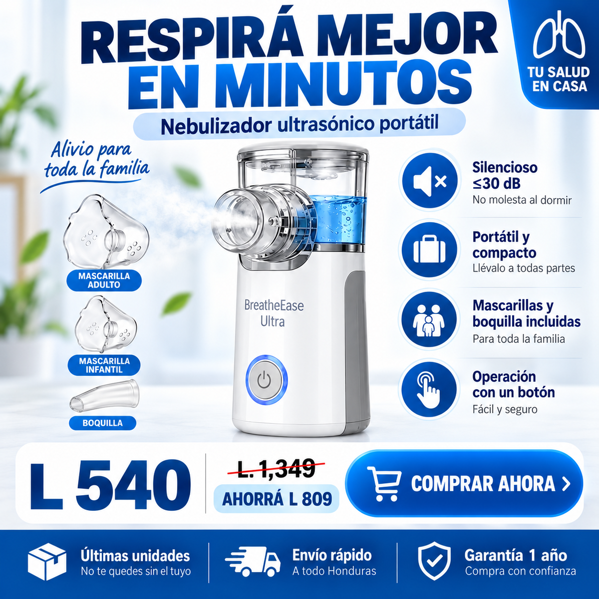 BreatheEase Ultra™ – Nebulizador Ultrasónico Portátil Certificado
