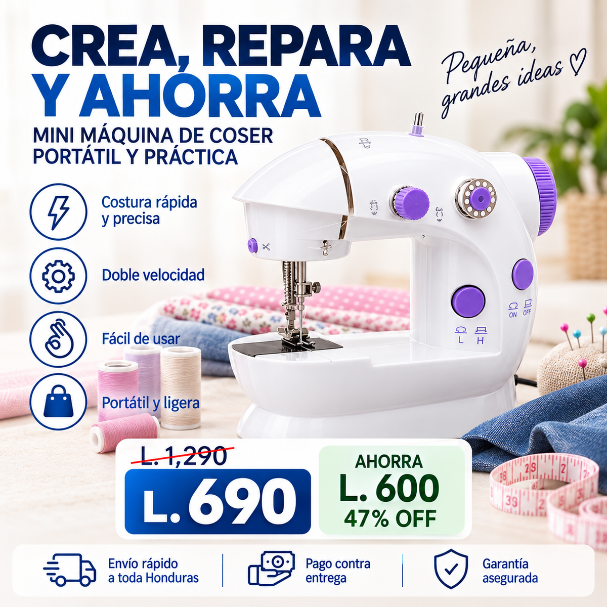 Mini Máquina de Coser Portátil con Doble Hilo y Doble Velocidad — Arreglos en Casa Sin Sastre