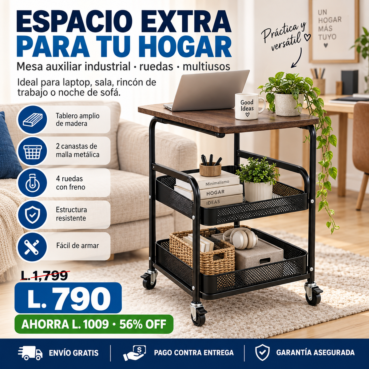 🛋️ Mesa Auxiliar Industrial con Ruedas — ¡El Mueble que Va Donde Vos Vas!