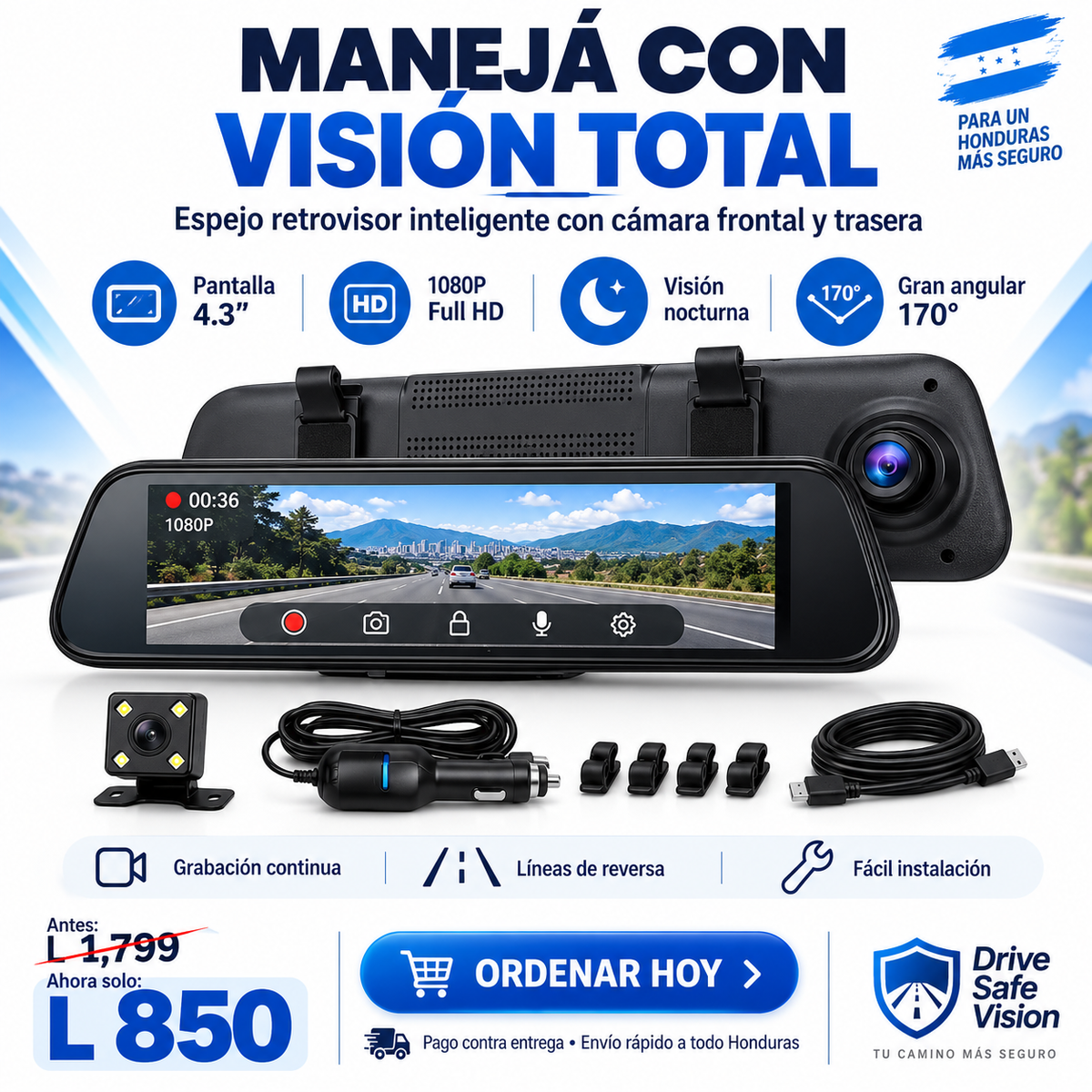 DriveSafe Vision™ – Espejo Retrovisor Inteligente con Cámara