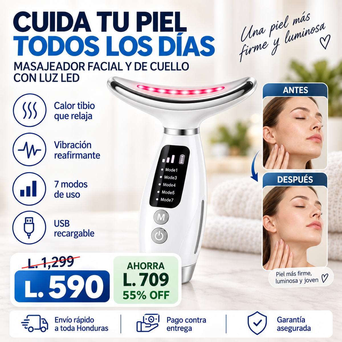 Masajeador Facial y de Cuello con LED, Vibración y Calor — Tu Spa Casero para Skincare