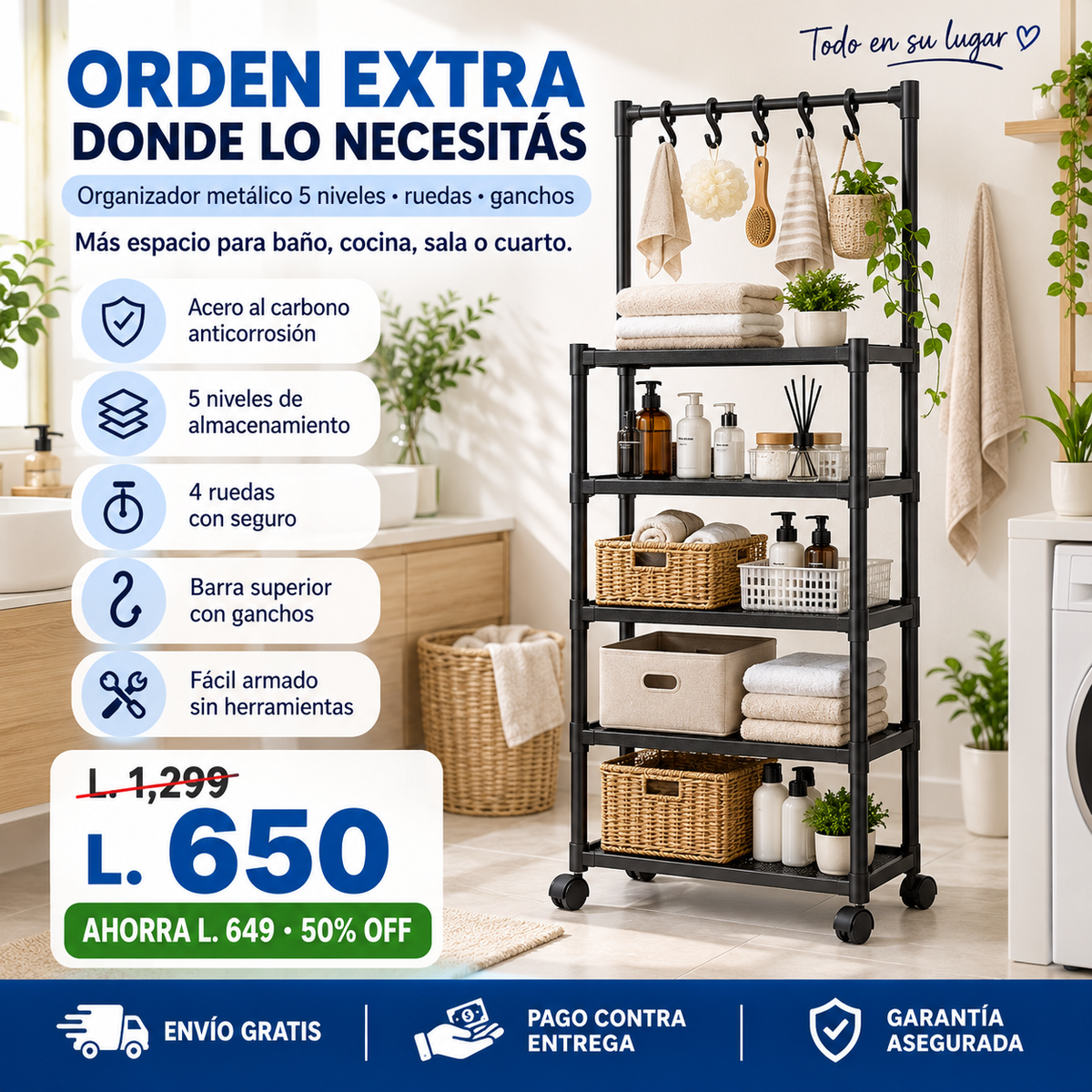 🚿🖤 Organizador de Baño Metal Negro 5 Niveles con Ruedas — Ganchos Superiores | No Oxida | Multiusos 🏠✨