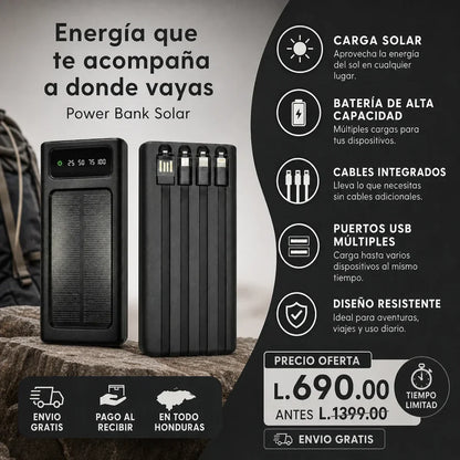 Power Bank Solar 20,000mAh — 4 Cables Integrados | Carga Rápida | Pantalla LED | Envío Gratis 🚀⚡