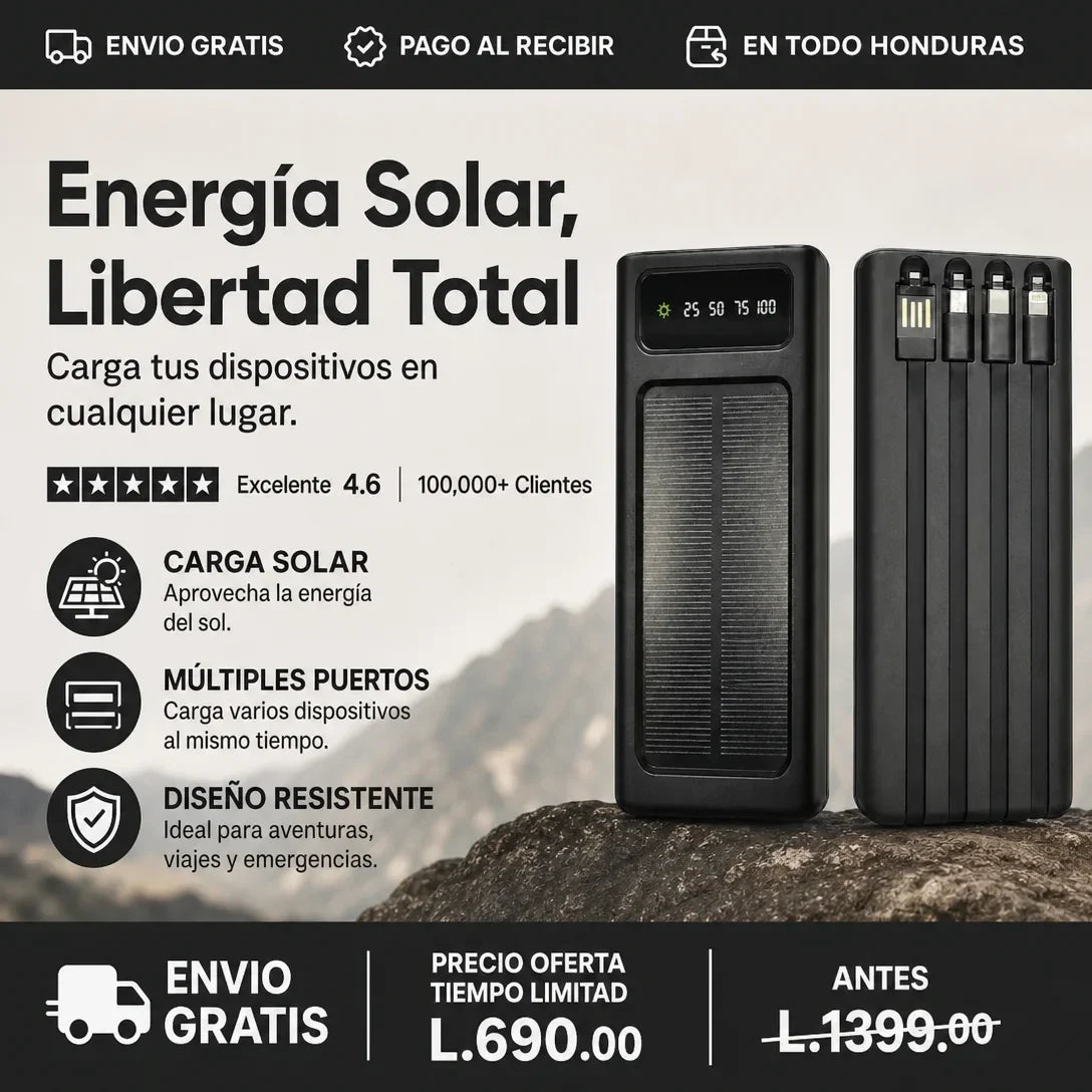 Power Bank Solar 20,000mAh — 4 Cables Integrados | Carga Rápida | Pantalla LED | Envío Gratis 🚀⚡